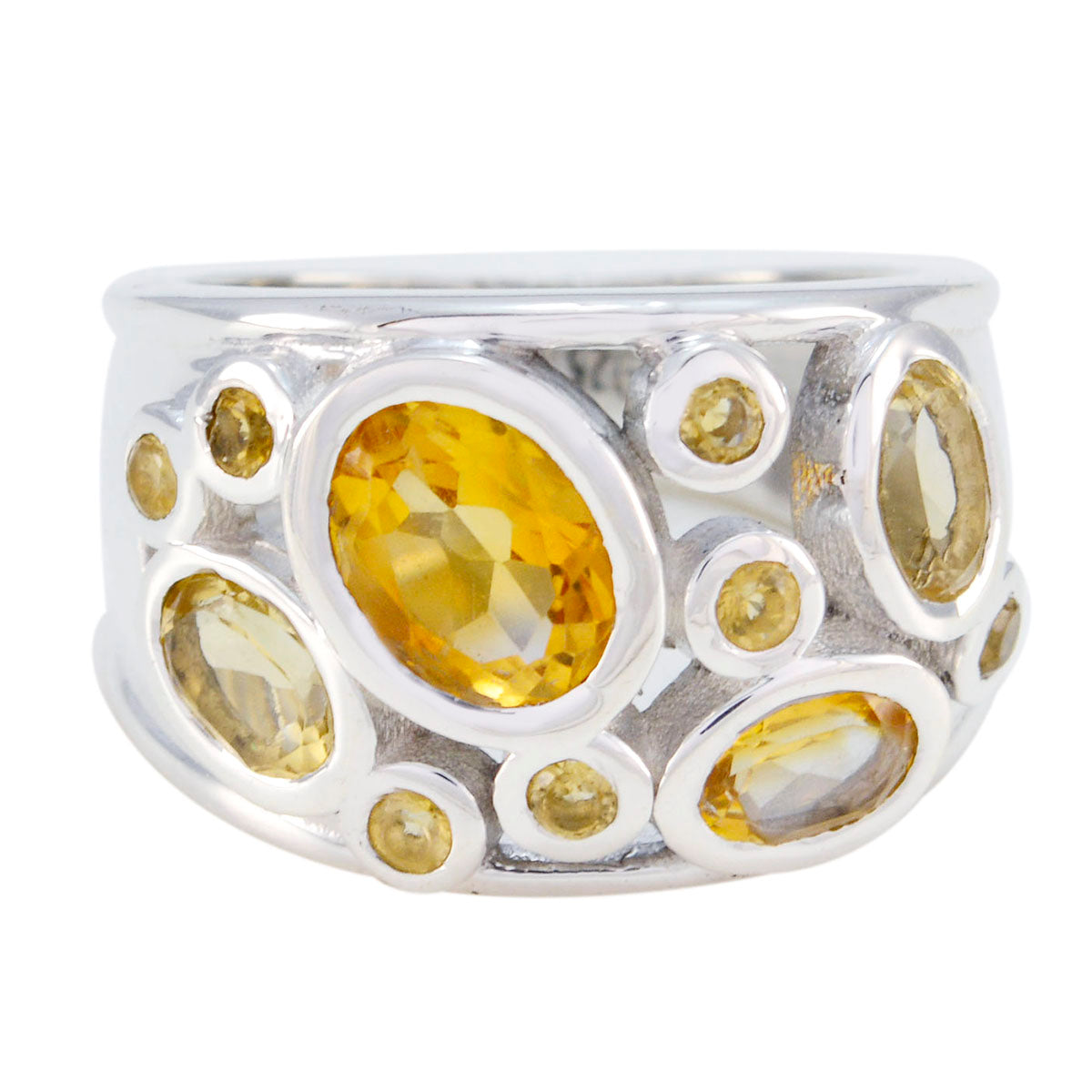 Evelyn modern yellow gemstone ring with multiple oval and round yellow gemstones set in silver band