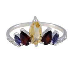 Leah multicolor crown gemstone ring with yellow, red, and purple stones on silver band