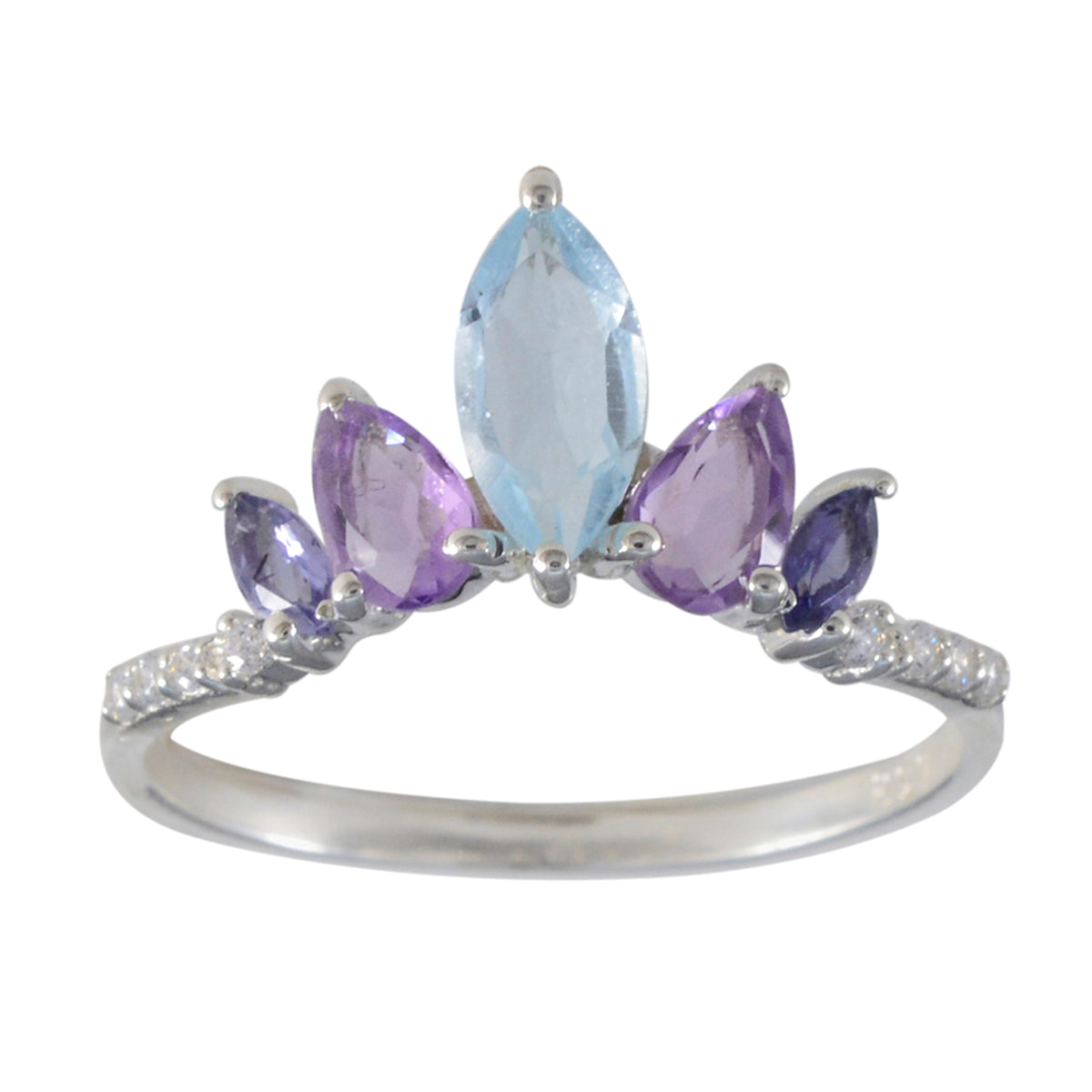 Sakura multicolor gemstone crown ring with blue, purple stones and silver band