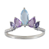 Sakura multicolor gemstone crown ring with blue, purple stones and silver band