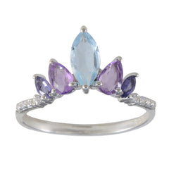 Sakura multicolor gemstone crown ring with blue, purple stones and silver band