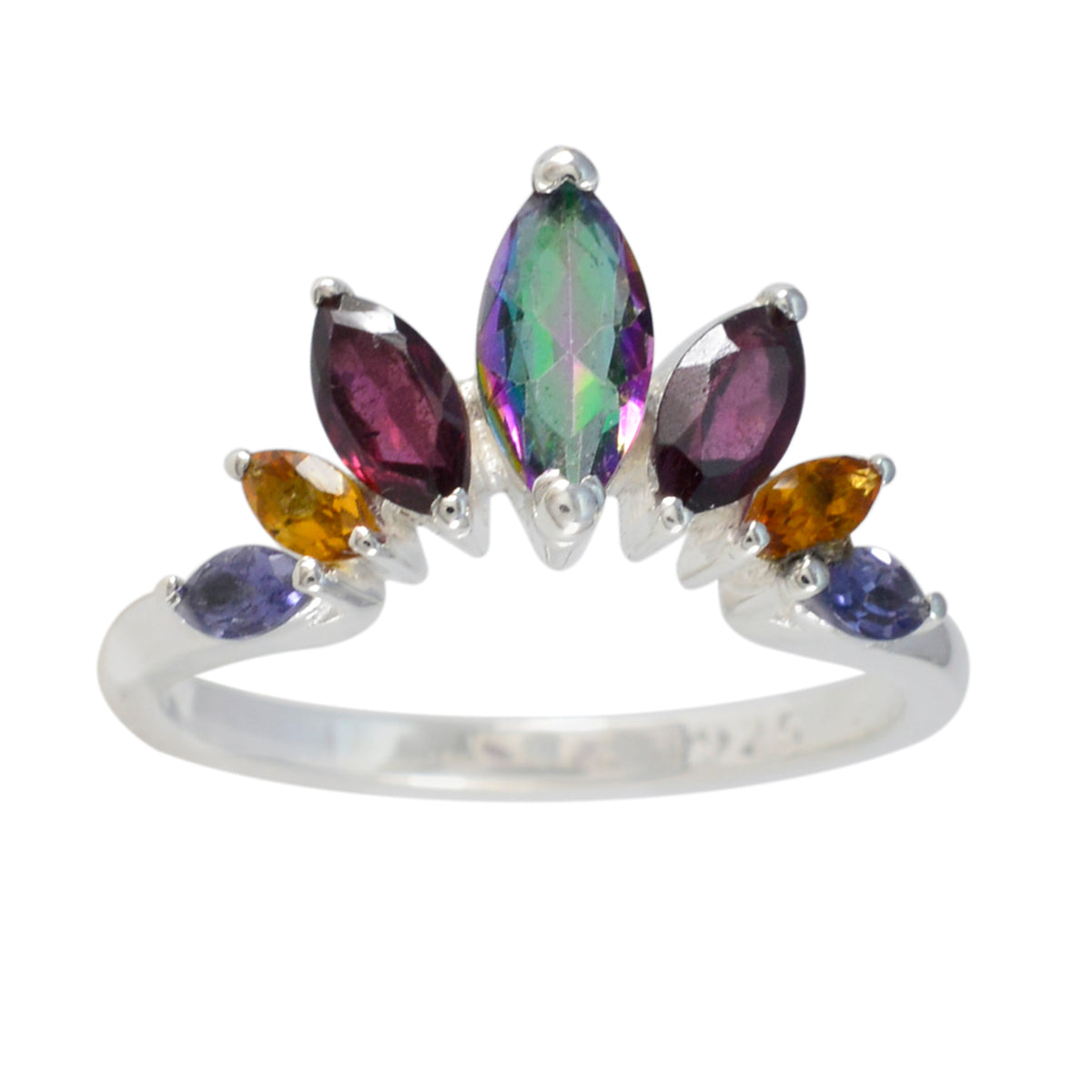 Ayesha multicolor gemstone crown ring with various vibrant gemstones set in silver band