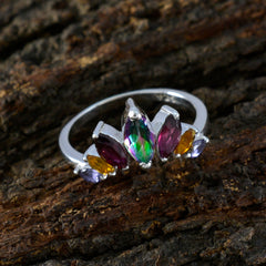 Ayesha multicolor gemstone crown ring with purple, green, and yellow stones on silver band