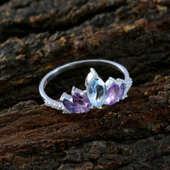 Sakura multicolor gemstone crown ring with marquise and oval shaped stones in silver setting