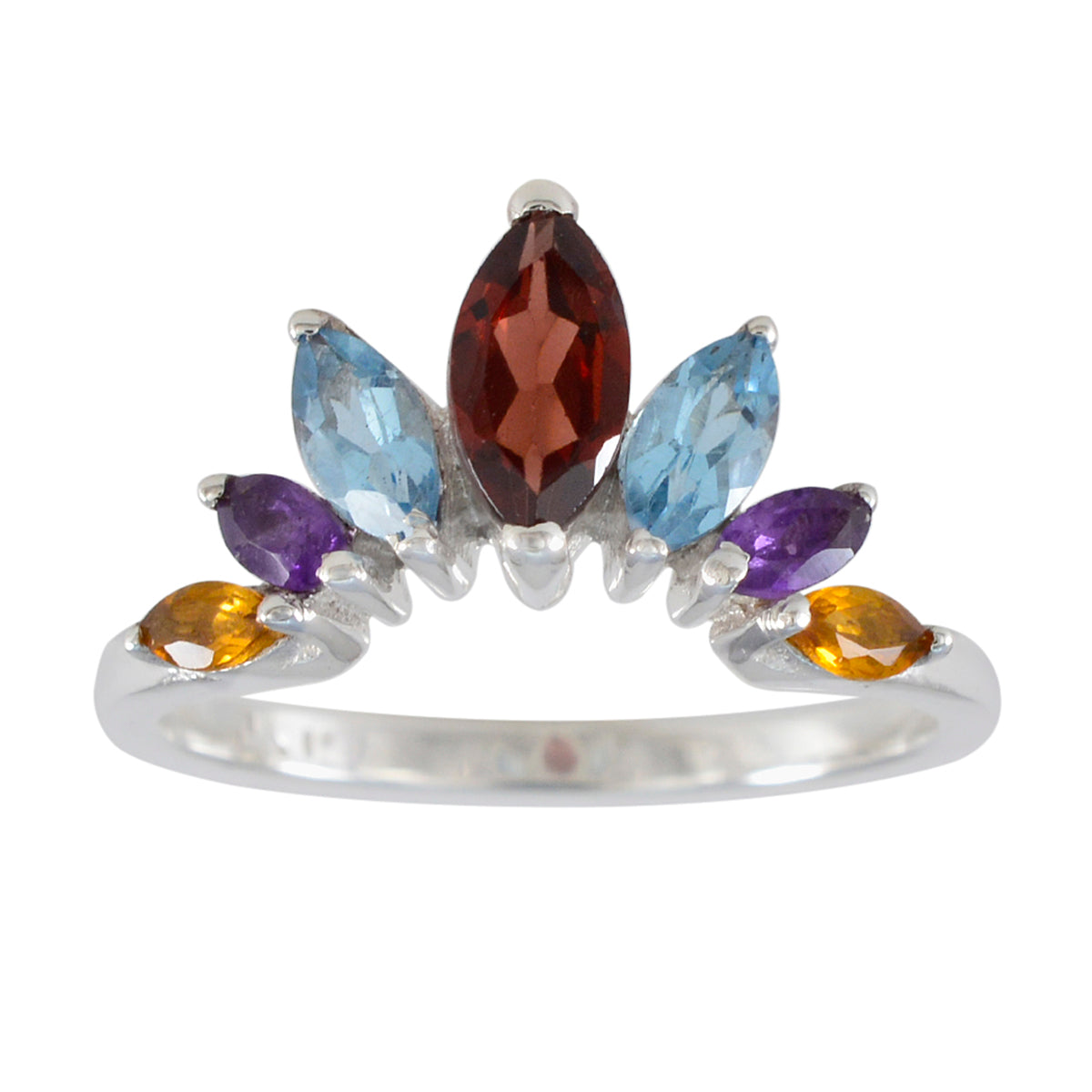 Dewi multicolor gemstone crown ring with red, blue, purple, and yellow stones in silver band