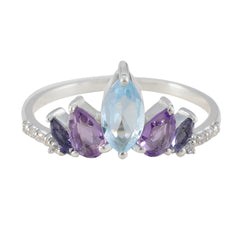 Sakura multicolor gemstone crown ring with blue and purple stones set in silver band