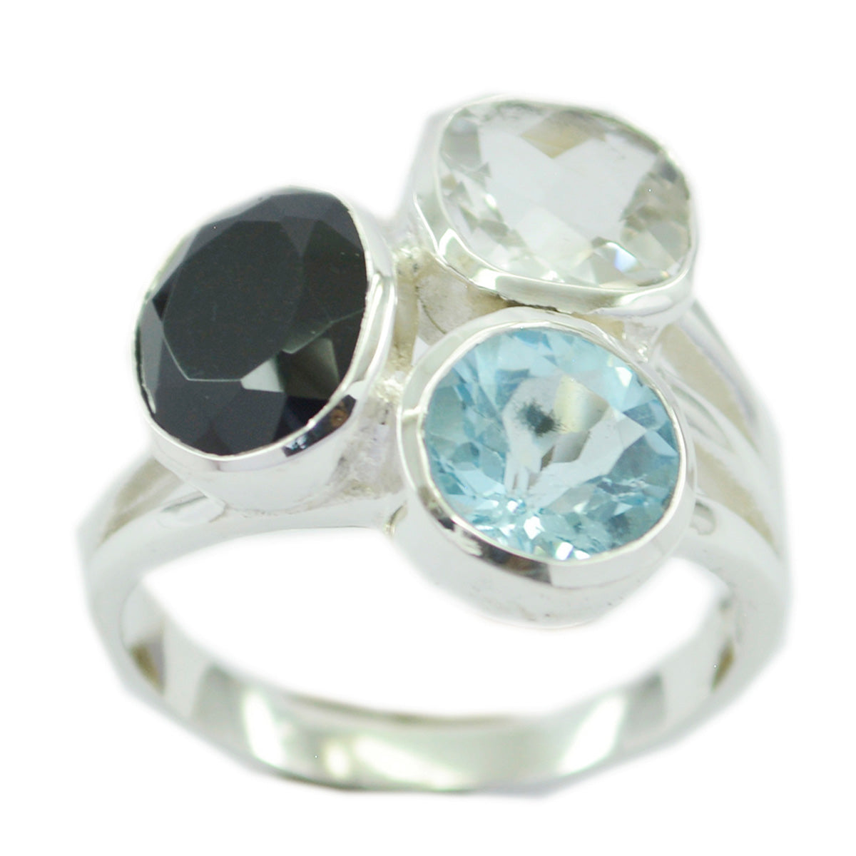 Meera multicolor gemstone trilogy ring with three oval gemstones set in silver band