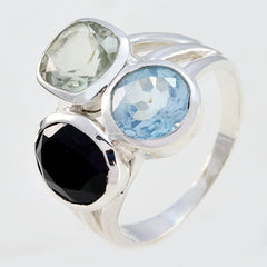Meera multicolor gemstone trilogy ring with three faceted stones set in sterling silver band