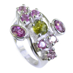 Elena multicolor navratna gemstone ring with pink and green stones set in silver band