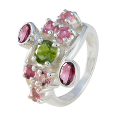 Elena multicolor navratna gemstone ring with green and pink stones in silver setting