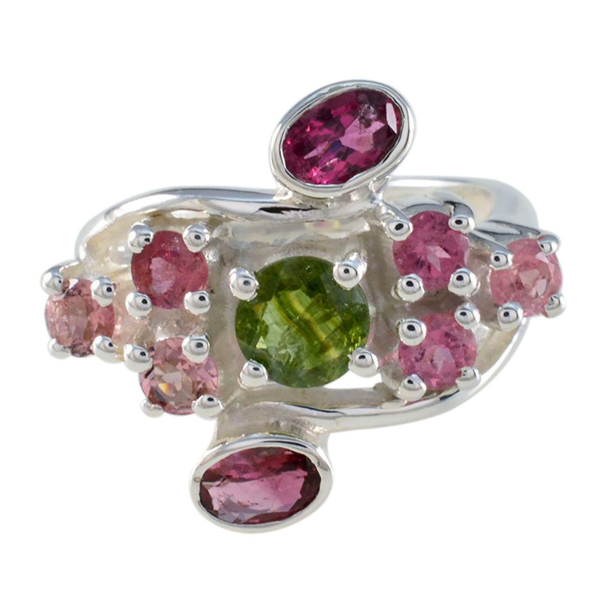 Elena multicolor navratna gemstone ring featuring vibrant pink and green stones in silver setting