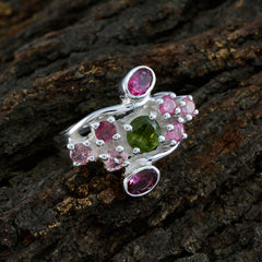 Elena multicolor navratna gemstone ring featuring pink and green stones in silver setting