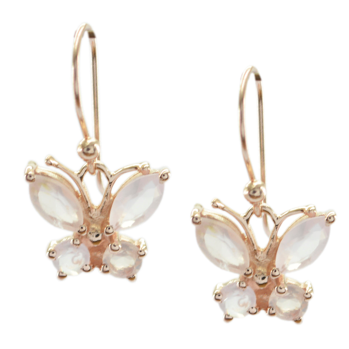 Lucy Pink Dangle Earrings with Butterfly Design Rose Quartz Pink Dangle