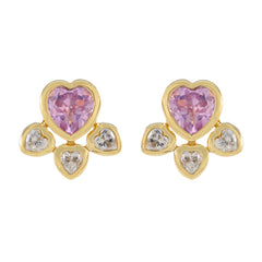 Mei Pink Stud Earrings India with Heart Design Pink CZ Pink Stud