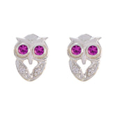 Harper Pink Stud Earrings with Owl Design Ruby CZ Pink Stud