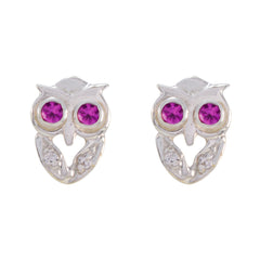 Harper Pink Stud Earrings with Owl Design Ruby CZ Pink Stud