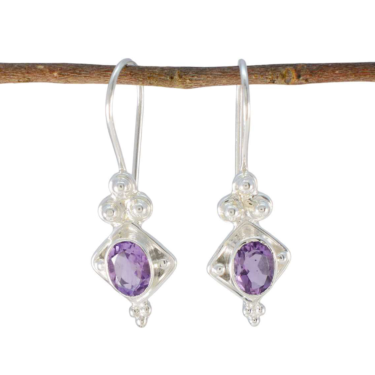 Elena Purple Dangle Earrings in Silver Setting Amethyst Purple Dangle