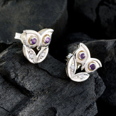 Genesis Purple Gemstone Stud Earrings with Owl Design