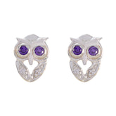 Genesis Purple Gemstone Stud Earrings with Owl Design Amethyst Purple Stud