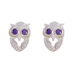 Genesis Purple Gemstone Stud Earrings with Owl Design Amethyst Purple Stud