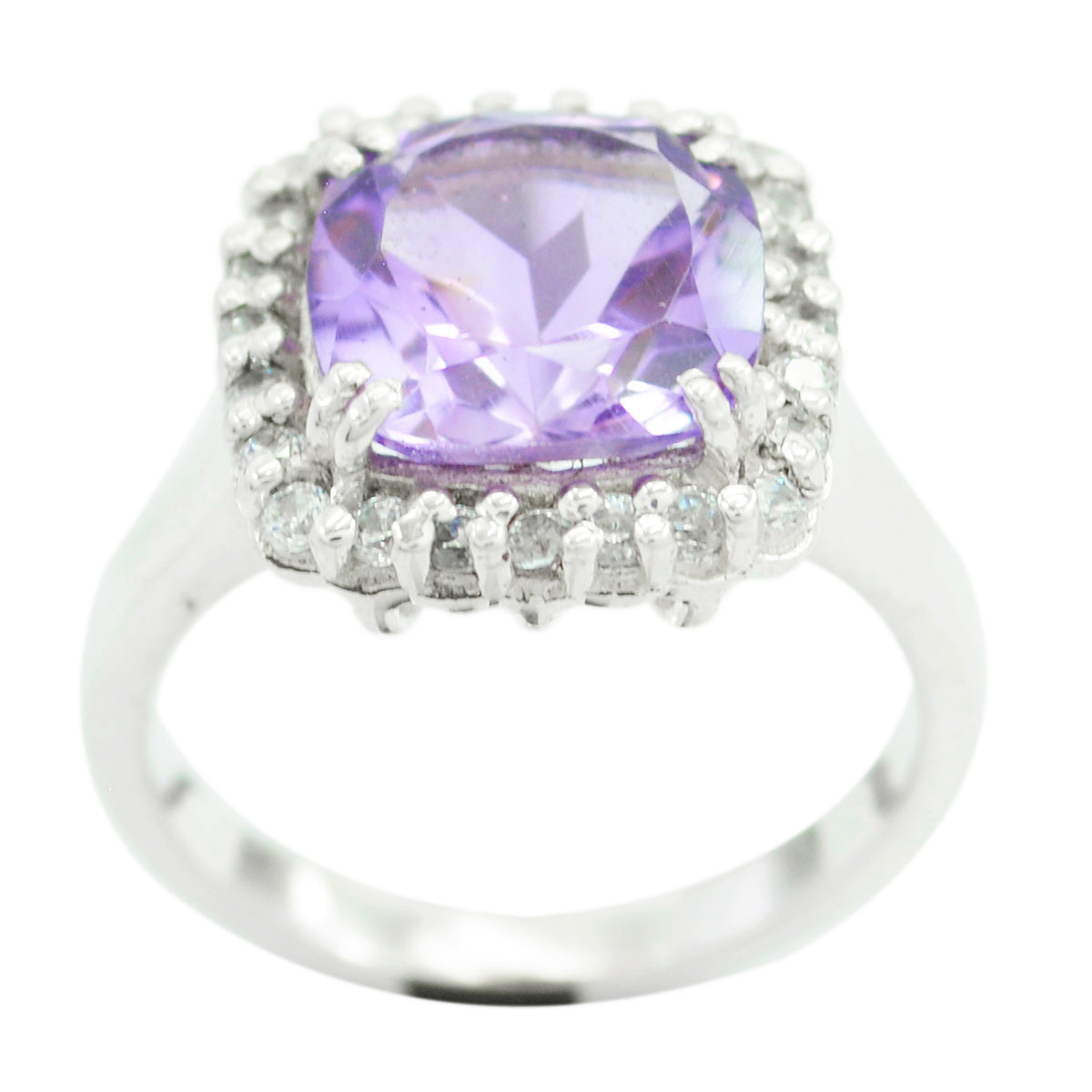 Priya purple halo gemstone ring with a cushion-cut purple stone and surrounding clear stones