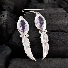 Emily Purple Solitaire Earrings with Silver Feather Design