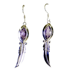 Emily Purple Solitaire Earrings with Silver Feather Design