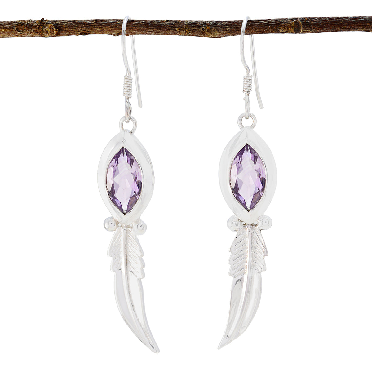 Emily Purple Solitaire Earrings with Silver Feather Design Amethyst Purple Dangle
