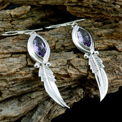 Emily Purple Solitaire Earrings with Silver Feather Design