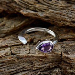 Sofia purple solitaire ring with teardrop-shaped amethyst gemstone on silver band