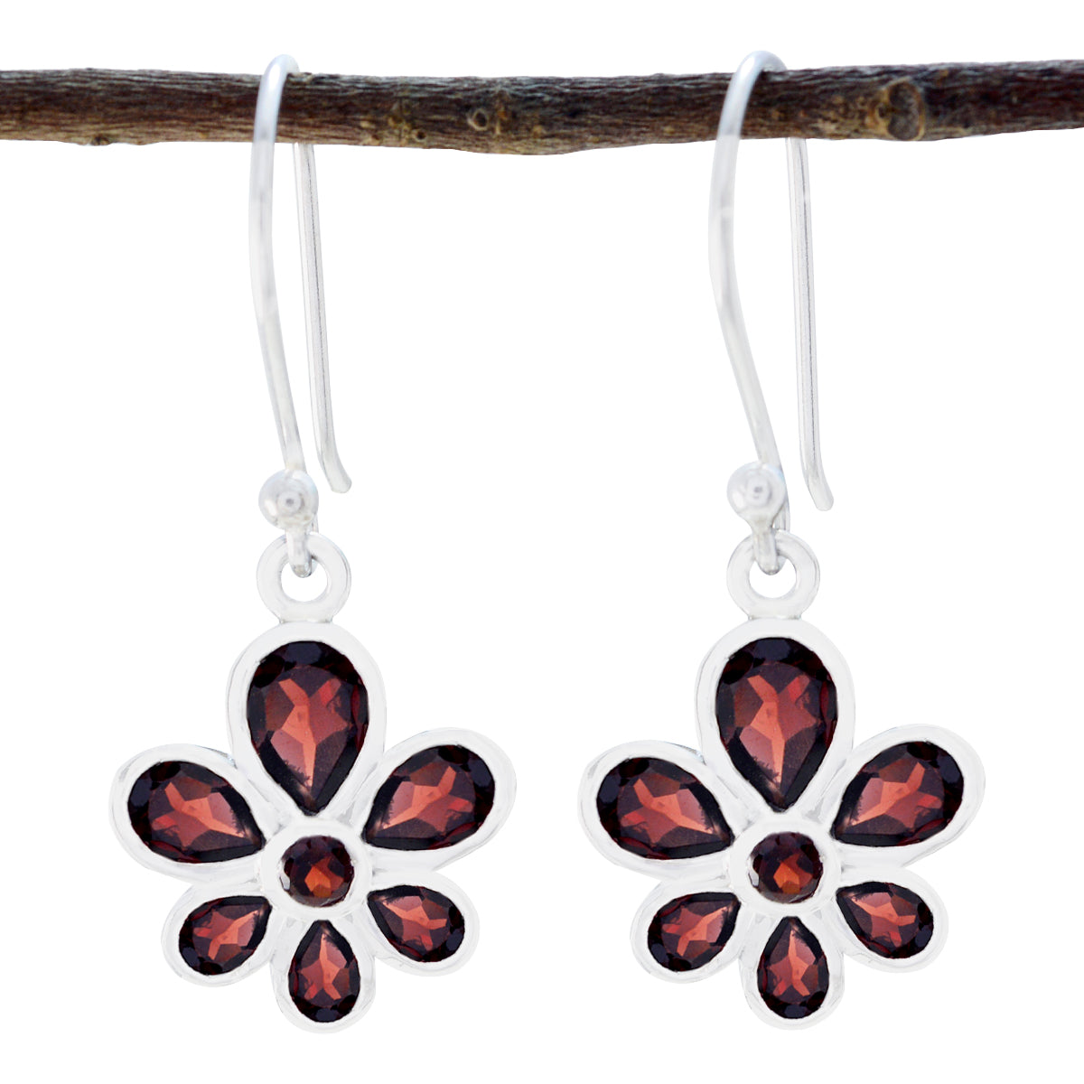 Li Lee Red Dangle Earrings with Floral Design Garnet Red Dangle