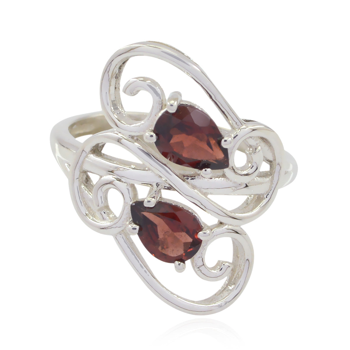 Cecilia red gemstone toi et moi ring with two pear-shaped red stones set in silver swirl design