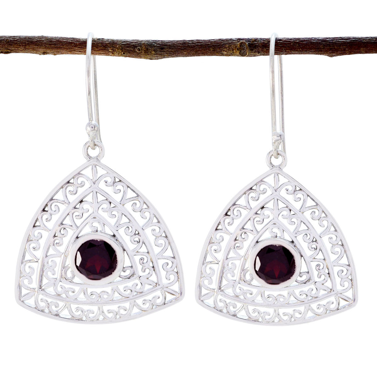 Mia Red Solitaire Dangle Earrings with Intricate Design Garnet Red Dangle