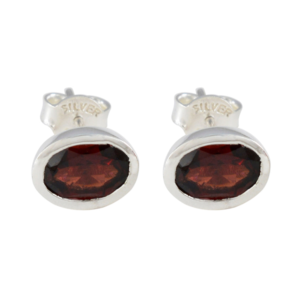 Jia Red Solitaire Stud Earrings in Silver Setting Garnet Red Stud