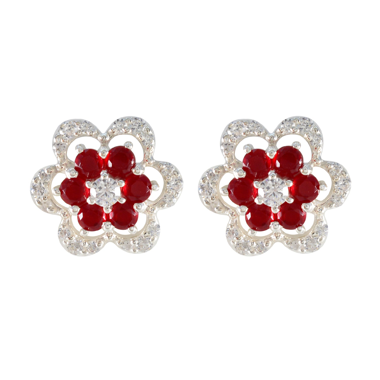 Fernanda Red Stud Earrings for Women - Floral Design Ruby CZ Red Stud