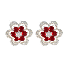 Fernanda Red Stud Earrings for Women - Floral Design Ruby CZ Red Stud