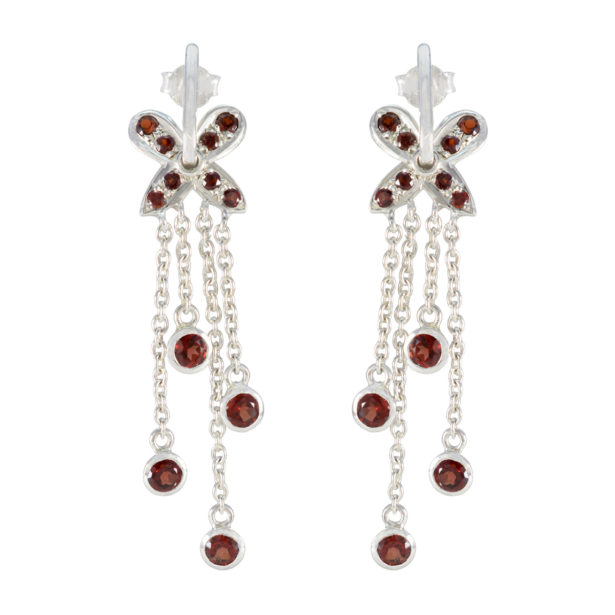 Bella Red Stud Earrings with Dazzling Drop Chains Garnet Red Stud
