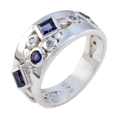 Lucia abstract blue gemstone ring with silver band featuring square and oval blue stones