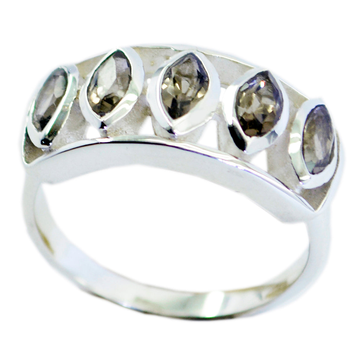 Elena abstract brown gemstone ring with five marquise-cut brown gemstones set in silver band