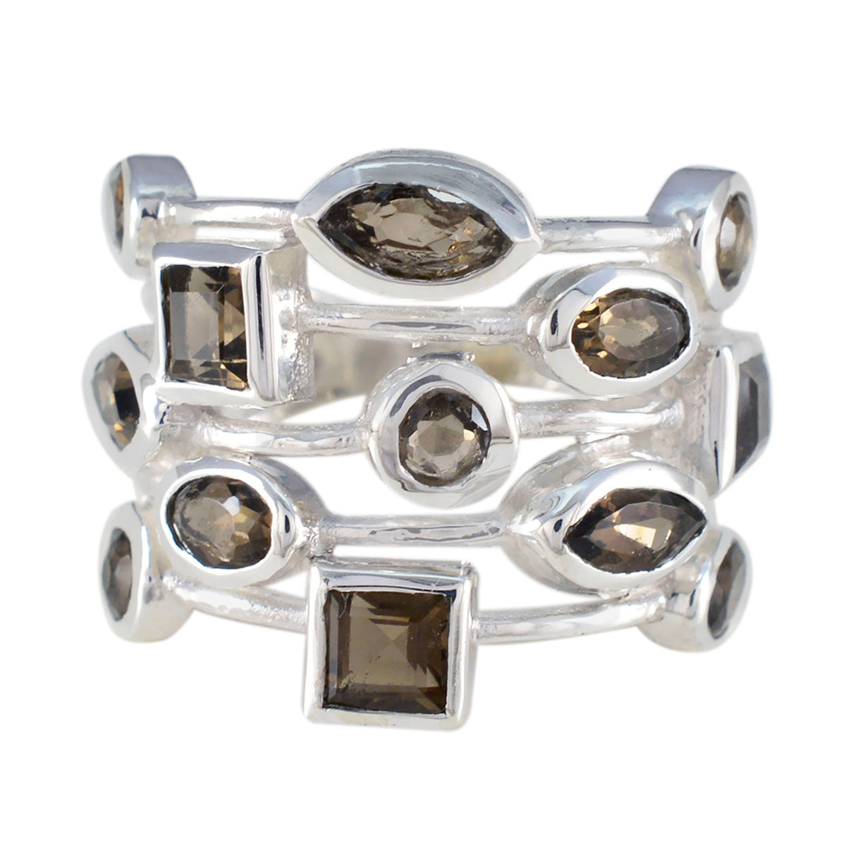 Harper abstract brown gemstone ring sterling silver stackable band with mixed marquise round and square stones
