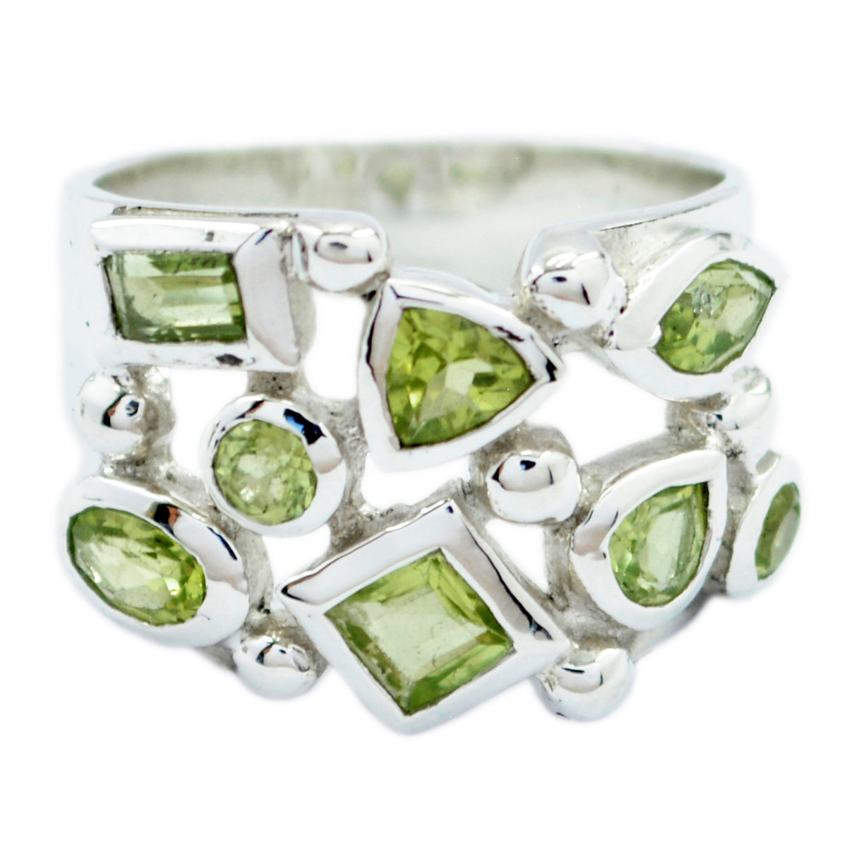 Camilla abstract green gemstone ring featuring various green stones set in silver band