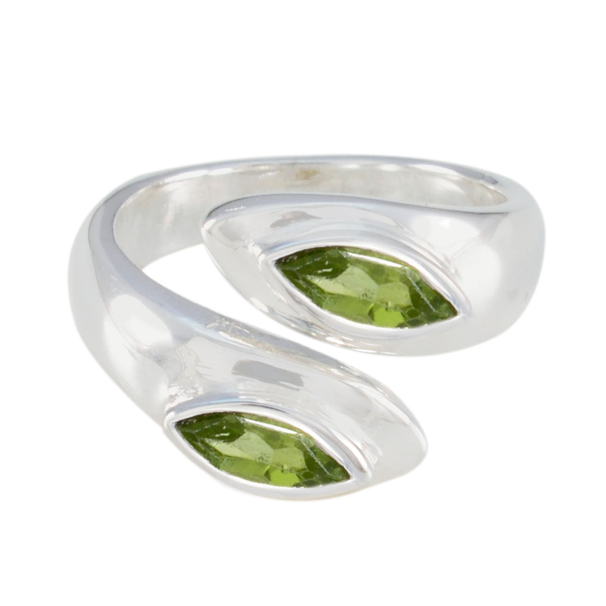 Lara silver ring featuring two green marquise stones in an abstract green toi et moi ring design