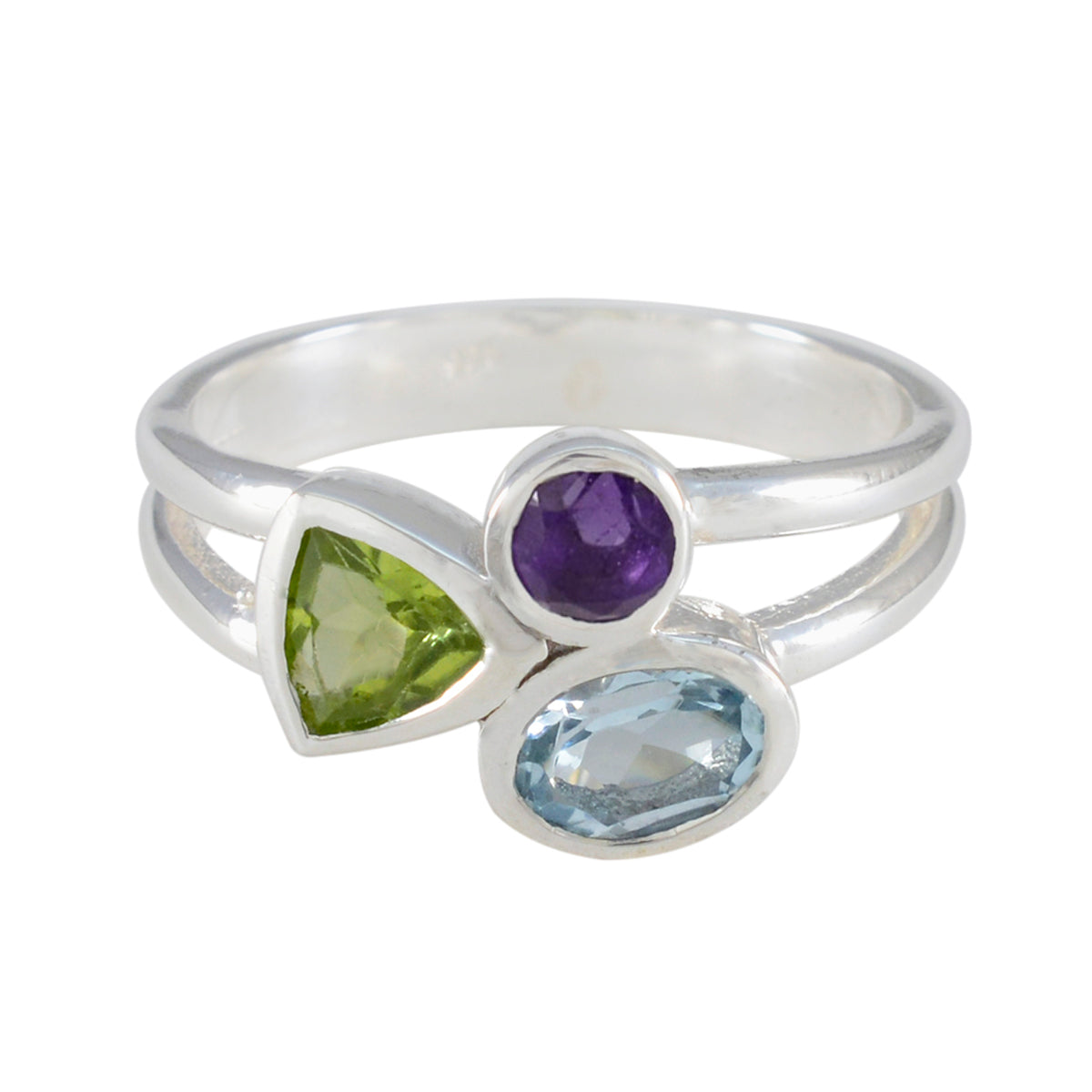Mathilde silver double band abstract multicolor gemstone ring with peridot triangle amethyst and aquamarine oval