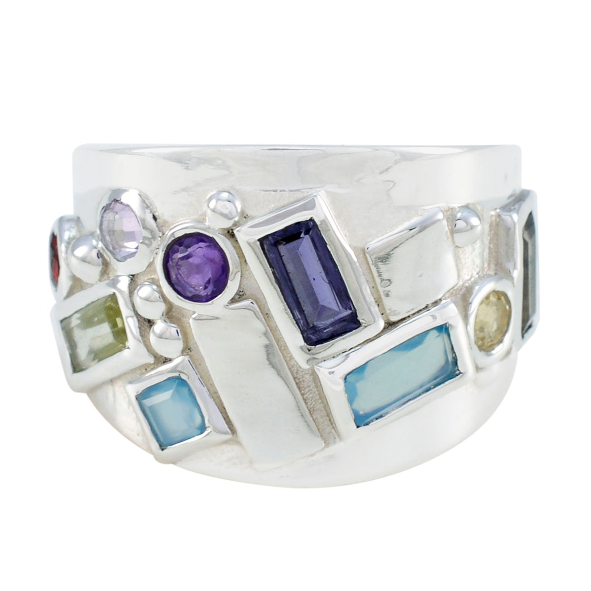 Katharina abstract multicolor gemstone ring with various shaped blue purple and green stones in silver band