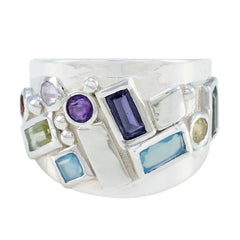 Katharina abstract multicolor gemstone ring with various shaped blue purple and green stones in silver band