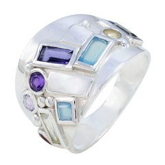 Katharina abstract multicolor gemstone ring with various shaped blue and purple stones in silver setting