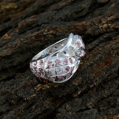 Siti silver ring with pink and purple gemstones on a textured bark background abstract multicolor gemstone ring