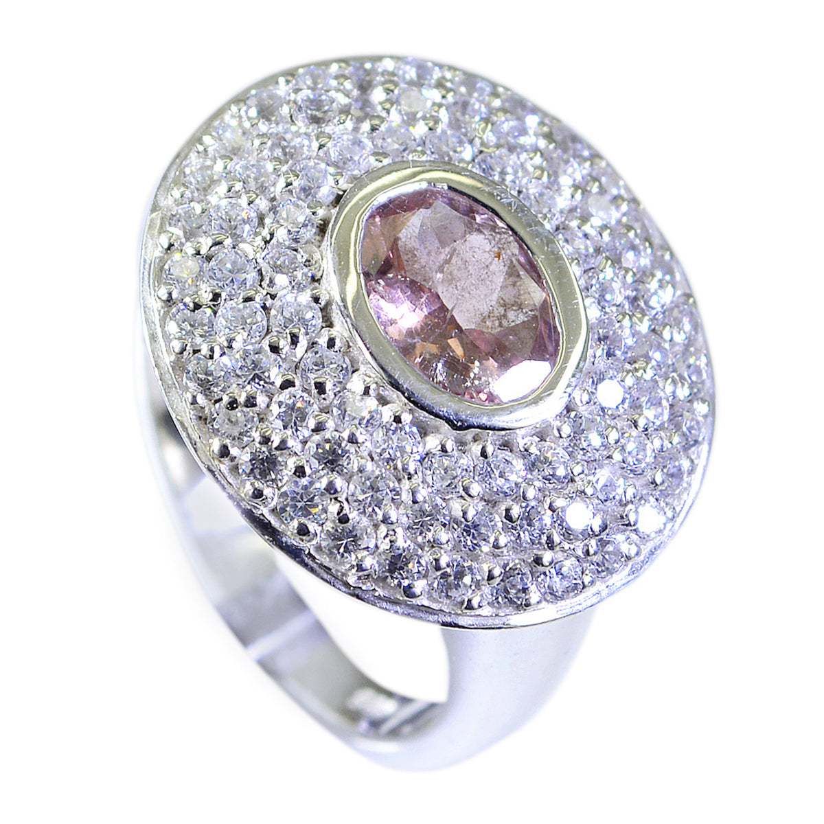 Ivana abstract multicolor halo ring featuring a pink oval center stone surrounded by pave white diamonds on polished silver band