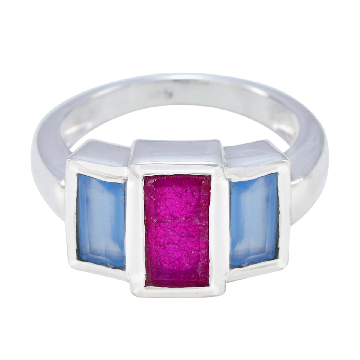 Gabriela abstract multicolor trilogy ring with rectangular pink and blue stones set in silver band