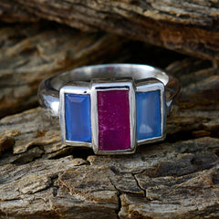 Gabriela abstract multicolor trilogy ring with rectangular blue and pink stones on silver band